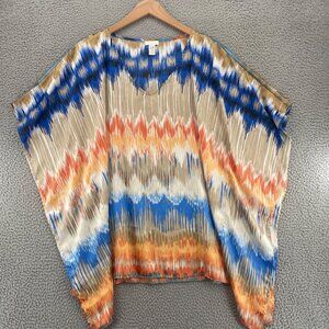 Chicos Top Womens Small Medium Blue Multi Stripe Shimmer 3/4 Sleeve Poncho Tunic